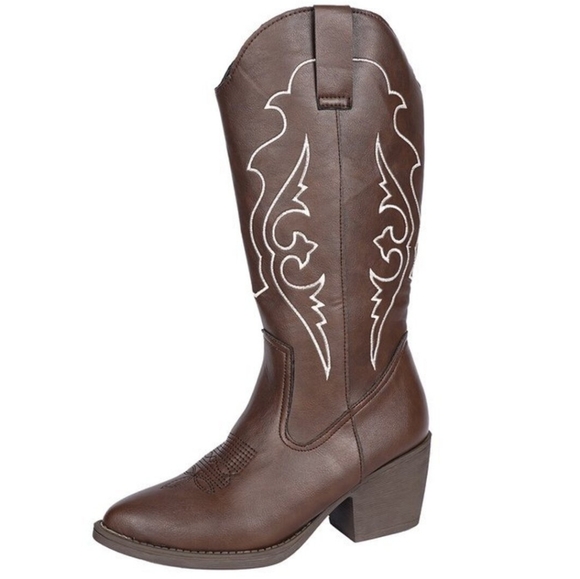 Western Embroidered Vegan Leather Womens Cowboy Boots Country Cowgirl Heel Shoes - Picture 7 of 14